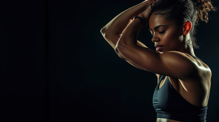An athletic woman on a dark background does stretching