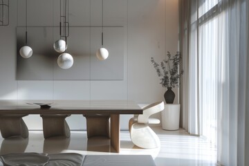 Minimalist Dining Room with Sleek Table Sculpture - Modern Home Interior Decor