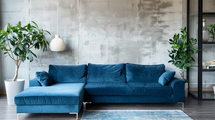 Modern blue sofa in a stylish living room with concrete wall