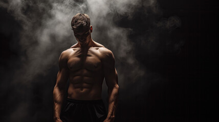 An athletic man with a bare chest on a dark background with smoke