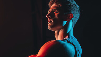 An athletic young man against a dark background illuminated by blue and red lights