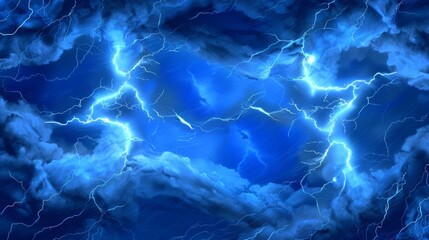  a blue background with a lot of clouds and a lot of lightnings in the middle of the picture and a lot of lightnings in the middle of the picture. - obrazy, fototapety, plakaty