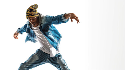An hip hop dancer is dancing on a white background