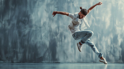 An hip hop dancer is dancing on a concrete background