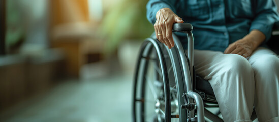 Closeup of an old woman sitting on a wheelchair
