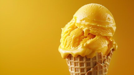 Mango ice cream with fruit on yellow background - obrazy, fototapety, plakaty