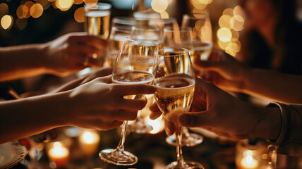 Closeup of champagne glasses held by people toasting
