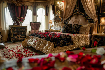 A bedroom with a bed covered in red rose petals and a black and gold bedspread - obrazy, fototapety, plakaty