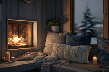 Cozy Fireplace Nook with Built-In Seating and Soft Cushions