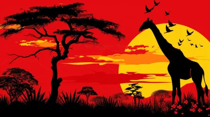 Foto op Plexiglas  a giraffe standing next to a tree in front of a red sky with birds flying in the air. © Igor
