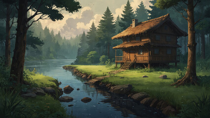 Fototapeta premium wooden house with smoke coming out