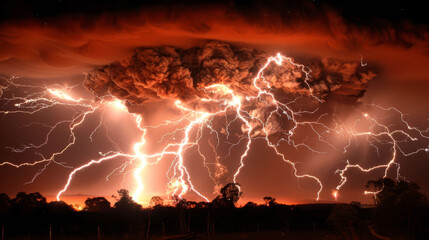  a large cloud of smoke and lightning with a sky full of trees in the foreground and a red sky in the background.