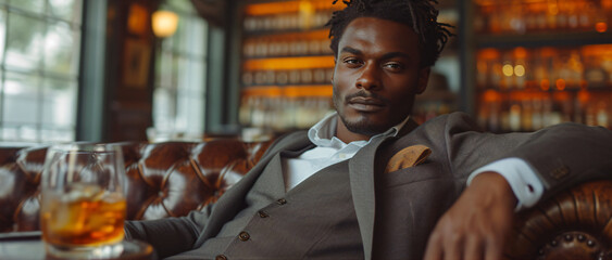 well dressed black man in luxury business suit sitting on a leather couch