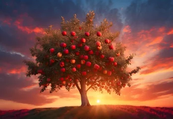 Fotobehang An apple tree at sunset, the sky ablaze with colors, red apples glowing as if lit from within, the air calm and serene, generative AI © Zohaib
