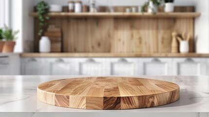 Empty the lovely round wood tabletop counter inside the spotless, well-lit kitchen to make room for a new product.