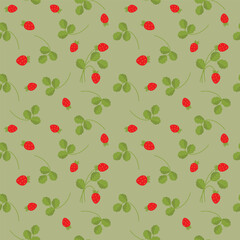 Floral seamless pattern with bright red color strawberry and green leaves.Spring summer cute  background with  juicy berries for printing on fabric and paper.Vector design for cover,card.