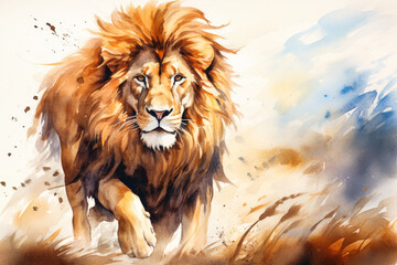 Simple watercolor illustration of a majestic lion with a mane flowing in the wind