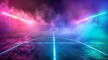 Midfield and center of the textured soccer field are illuminated by neon fog.