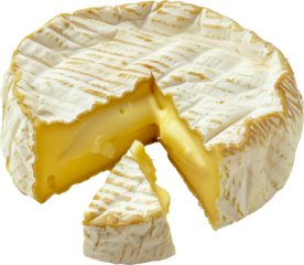 Creamy brie or camembert cheese wheel with a slice cut out on transparent background