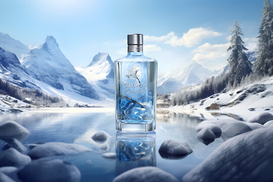 Escape to a realm of pristine tranquility, where the purity of nature is celebrated in a bottle and glass of pouring crystal wat Generative AI,