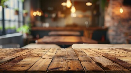 wood table for product replacement in the coffee shop's blur - obrazy, fototapety, plakaty