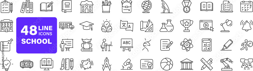 Poster school set of web icons in linear style. education and knowledge icons for web and mobile app. back 