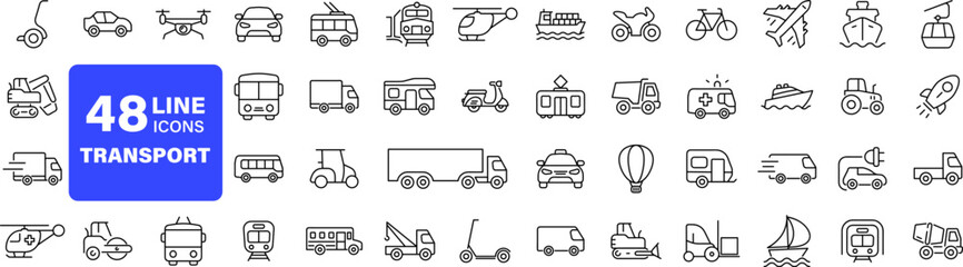 Transport set of web icons in linear style. Transport, vehicle and delivery icons for web and mobile app. Public transport, car, bike, train, bicycle, plane, bus, metro, ship, bulldozer, helicopter