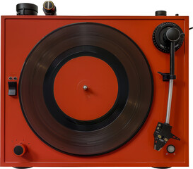 Retro turntable with vinyl record cut out on transparent background
