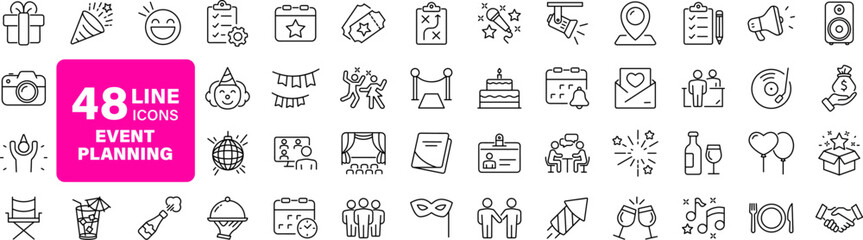 Event planning set of web icons in linear style. Event organisation icons for web and mobile app. Management, wedding, entertainment, catering, invitations, catering, coordination. Vector illustration