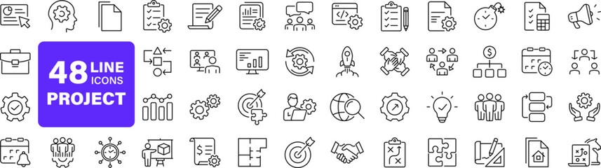 Management set of web icons in linear style. Project management icons for web and mobile app. Business, organisation management, planning, project, startup, marketing, teamwork. Vector illustration