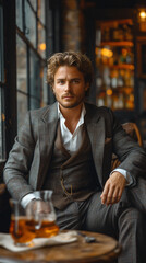 well dressed blonde man in luxury business suit sitting at a table at bar
