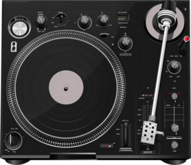 Retro turntable with vinyl record cut out on transparent background