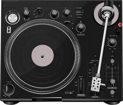 Retro turntable with vinyl record cut out on transparent background