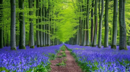  Forest path flanked by bluebells and trees on each side