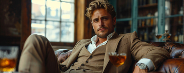 well dressed blonde man in luxury business suit sitting at a table at bar