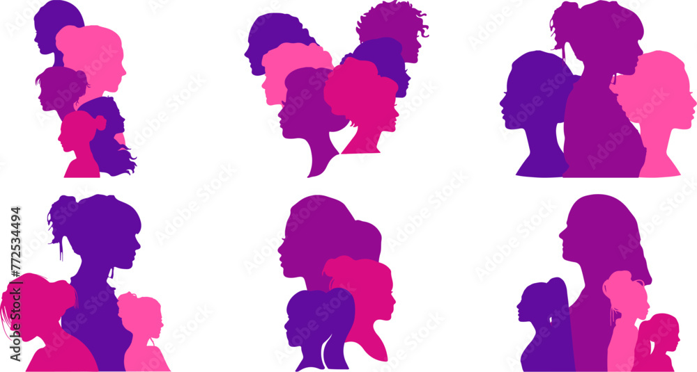 Wall mural Silhouettes of women of different nationalities standing side by side. women’s Day.
