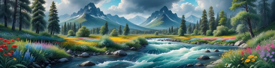 Drawing watercolor illustration lanscape of mountain valley with turbulent river and flowers along the river banks. Background for design.	