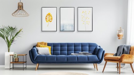 Elegant living room interior with blue sofa and terra cotta chair