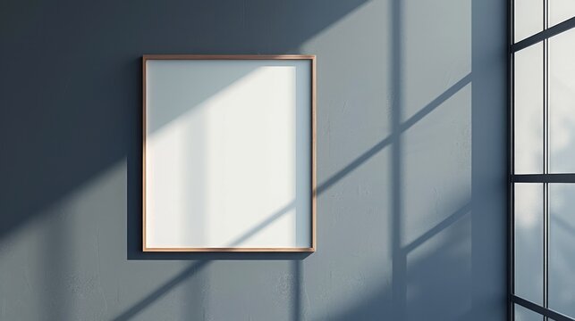 Poster frame with blank white space. mockup wooden frame horizontal position. Blank picture frame mockup on gray wall