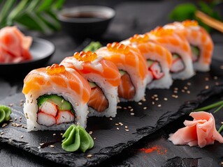 Sushi rolls with salmon and crab on black plate pro photography HD quality, natural look