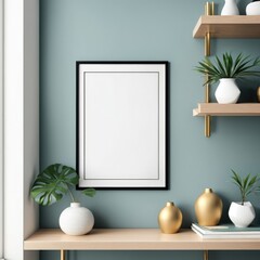 Mock up poster frame close up on shelf with decoration, 3d render