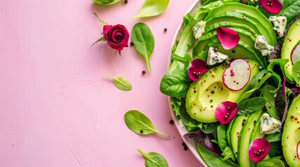  A pink plate holds a salad with avocado, radishes, and spinach