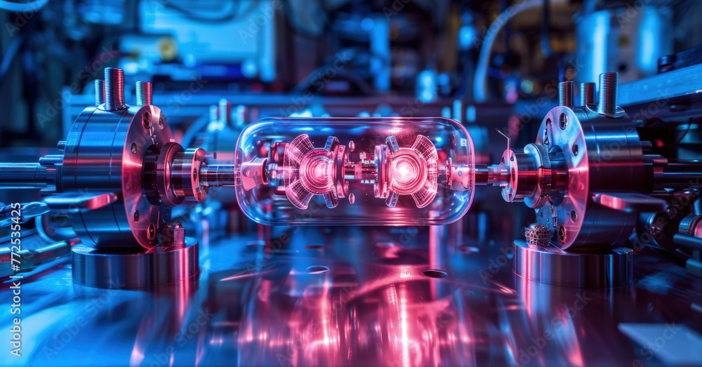 Poster sophisticated quantum experiment setup with laser beams and precision equipment, possibly exploring 