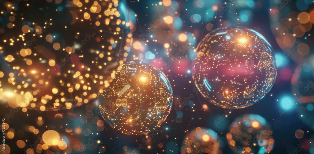 Poster glowing orbs with intricate patterns float mysteriously against a backdrop of shimmering gold and bl