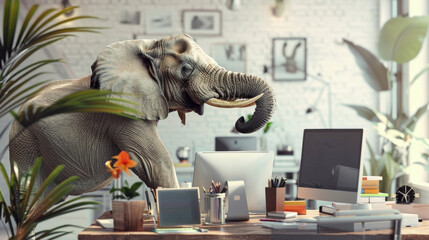 An elephant stands on its hind legs in front of a computer screen, showcasing its remarkable ability to balance and interact with technology - obrazy, fototapety, plakaty