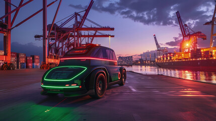 Fototapeta na wymiar A self-driving electric truck operates under a vibrant sunset sky, amidst the cranes and shipping containers of a busy industrial port