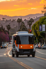 A self-driving electric bus travels along a road lined with palm trees, under a vibrant sunset sky