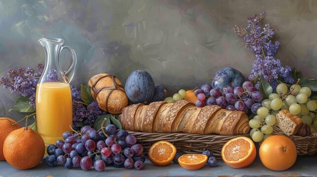  A painting of bread, oranges, grapes, grapes, and oranges with a jug of orange juice