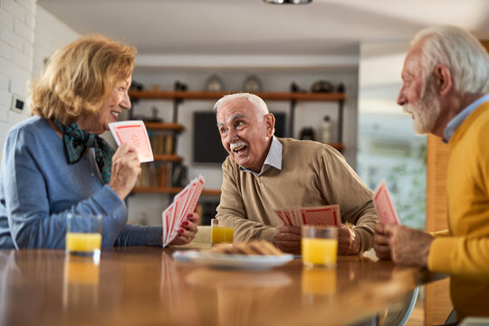 Group of happy seniors having fun while playing cards at home.	