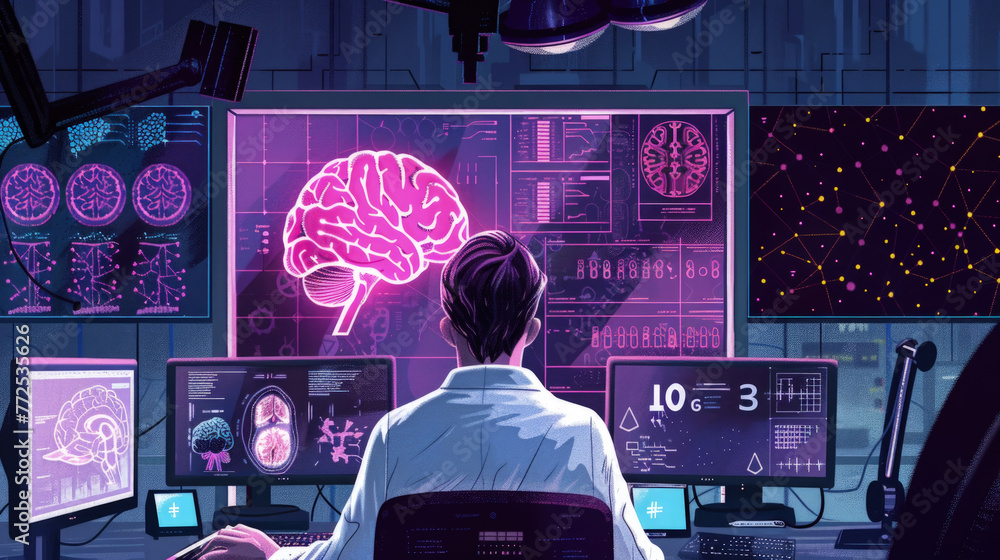 Poster a scientist studies detailed brain scans on multiple monitors in a high-tech lab, highlighting neuro